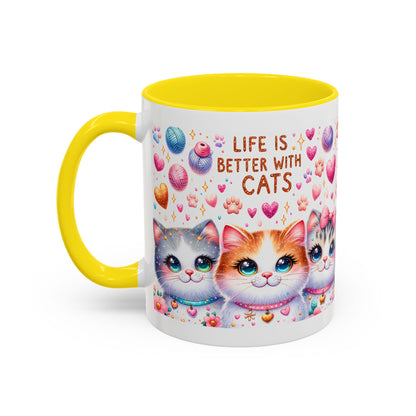 Cat Lover Accent Coffee Mug — "Life Is Better With Cats" Cute Kittens Design (11/15oz)
