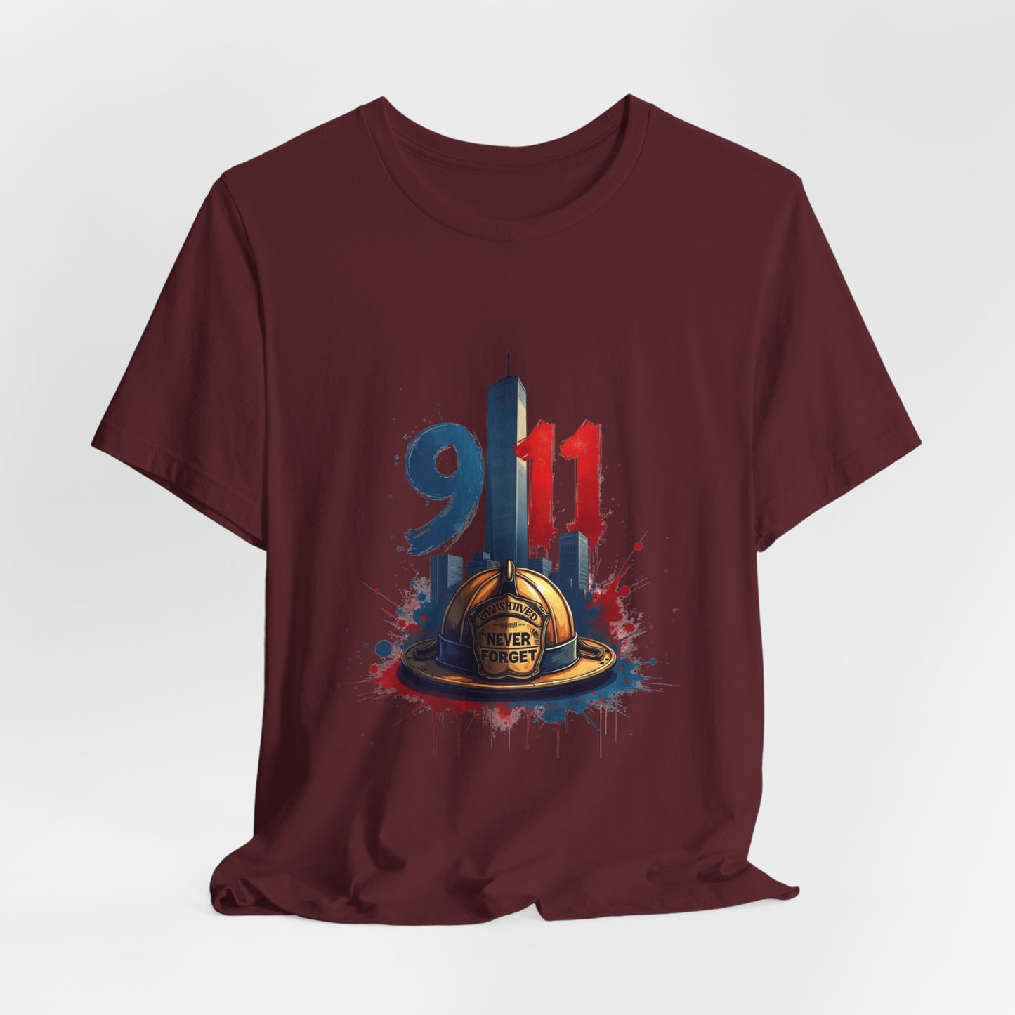 9/11 Firefighter Memorial Tee — Tribute T-Shirt with Helmet & Twin Towers Design