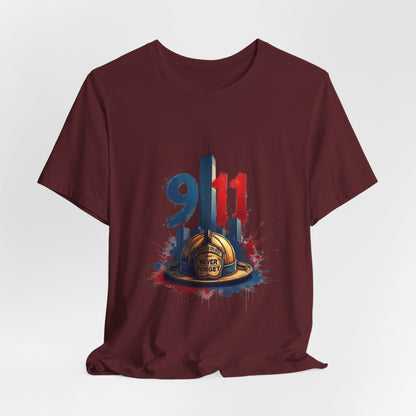 9/11 Firefighter Memorial Tee — Tribute T-Shirt with Helmet & Twin Towers Design