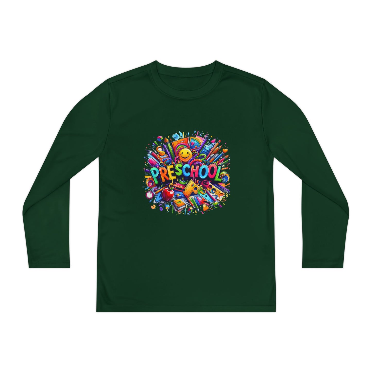 Youth Preschool Long Sleeve Tee - Colorful School Supplies Design
