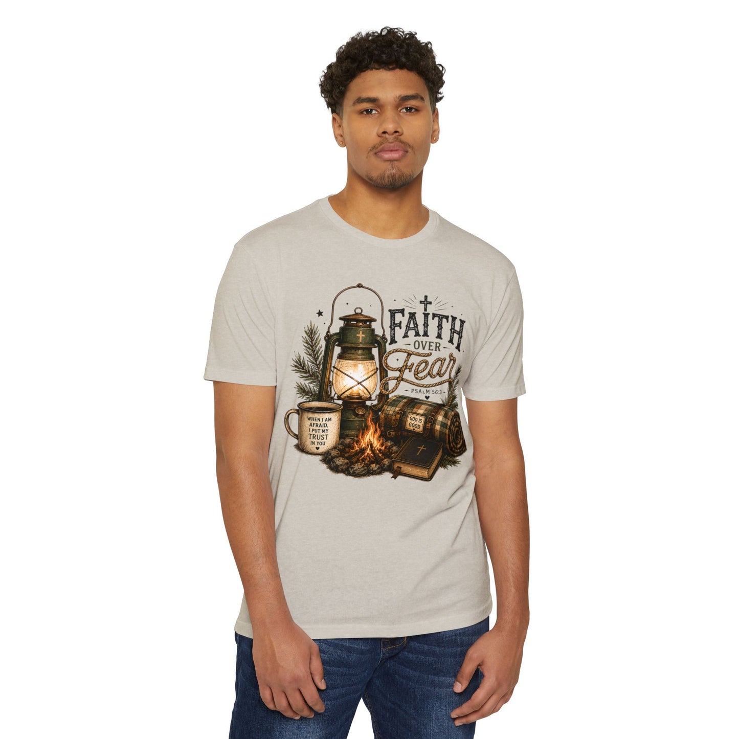 Faith Over Fear T-Shirt — Christian Camping Lantern & Bible Graphic