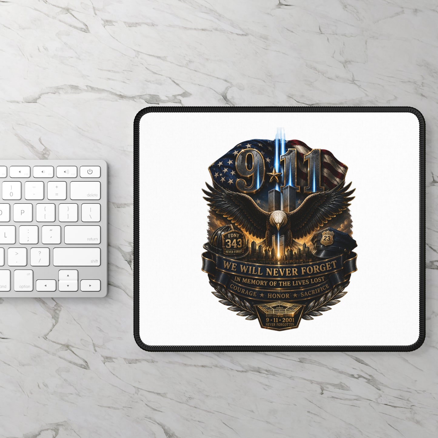 9/11 We Will Never Forget Gaming Mouse Pad — Memorial Tribute Desk Mat