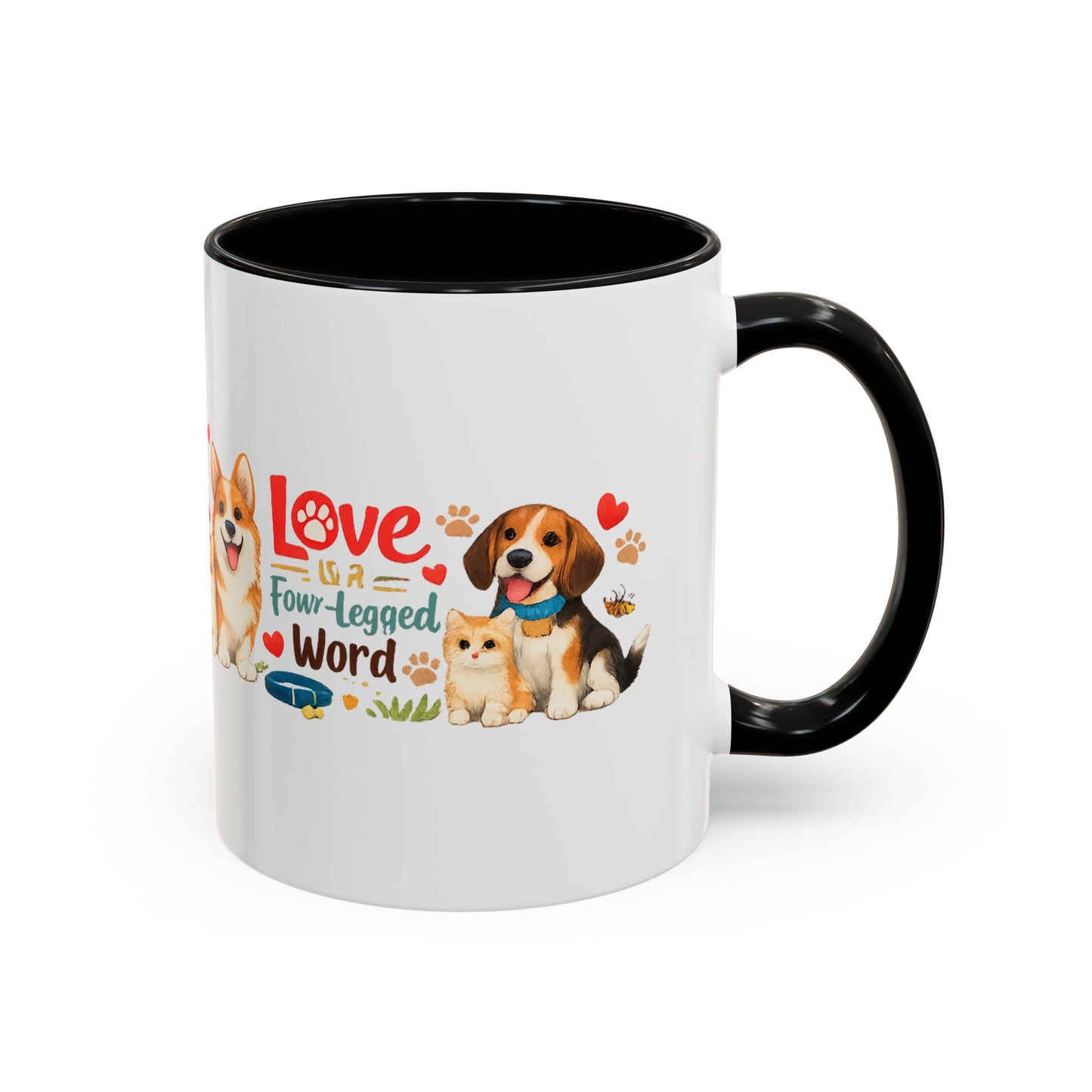 Dog Lover Accent Coffee Mug — “Love is a Four-Legged Word” Ceramic Gift