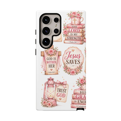 Christian Phone Case — Jesus Saves Floral Tough Case with 'God Is Within Her' & 'Trust God' Design