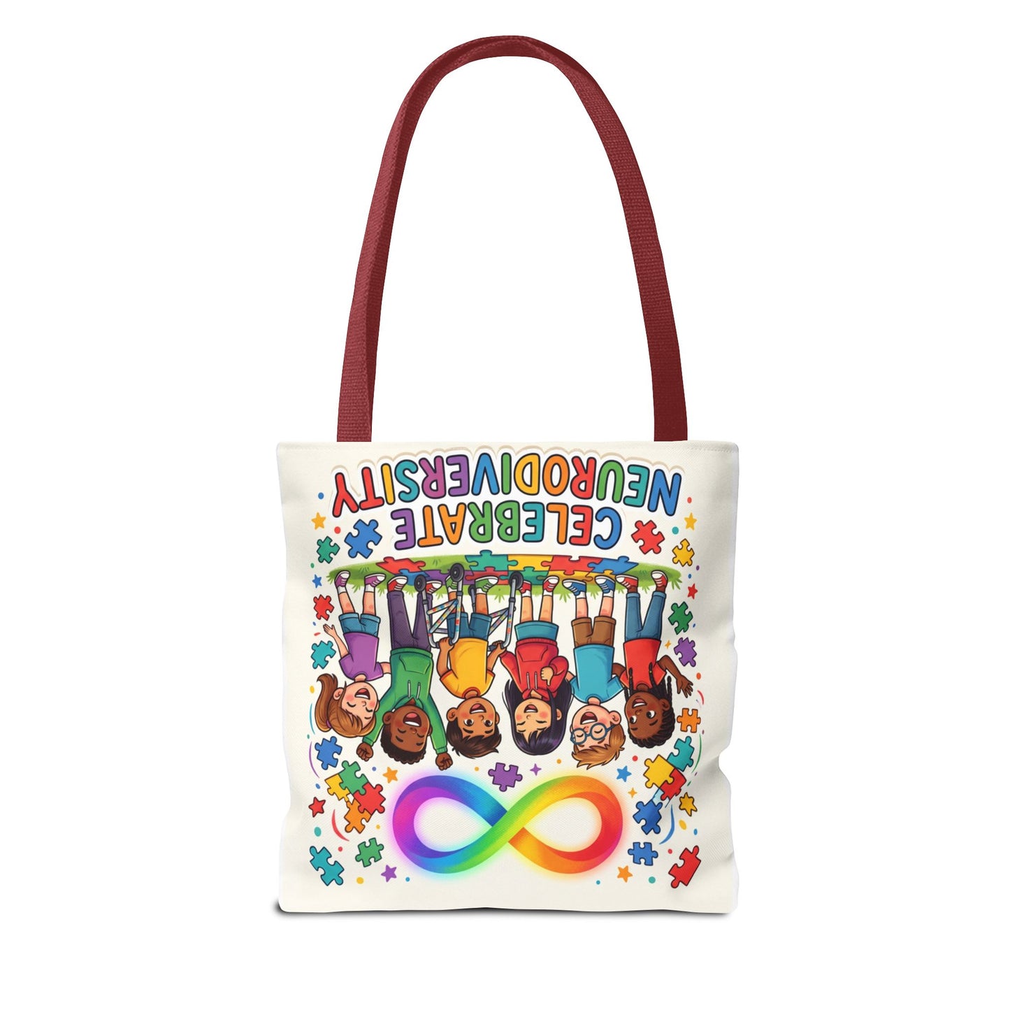 Celebrate Neurodiversity Tote Bag — Rainbow Infinity Symbol & Kids Design