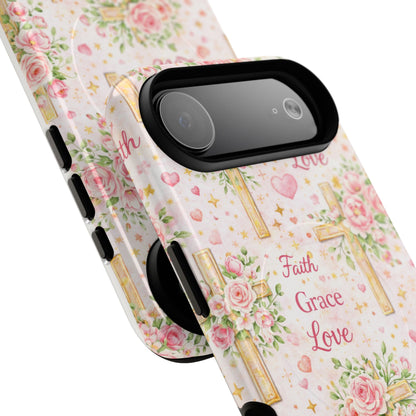 Faith Grace Love Tough Magnetic Phone Case — Floral Cross Protective Cover