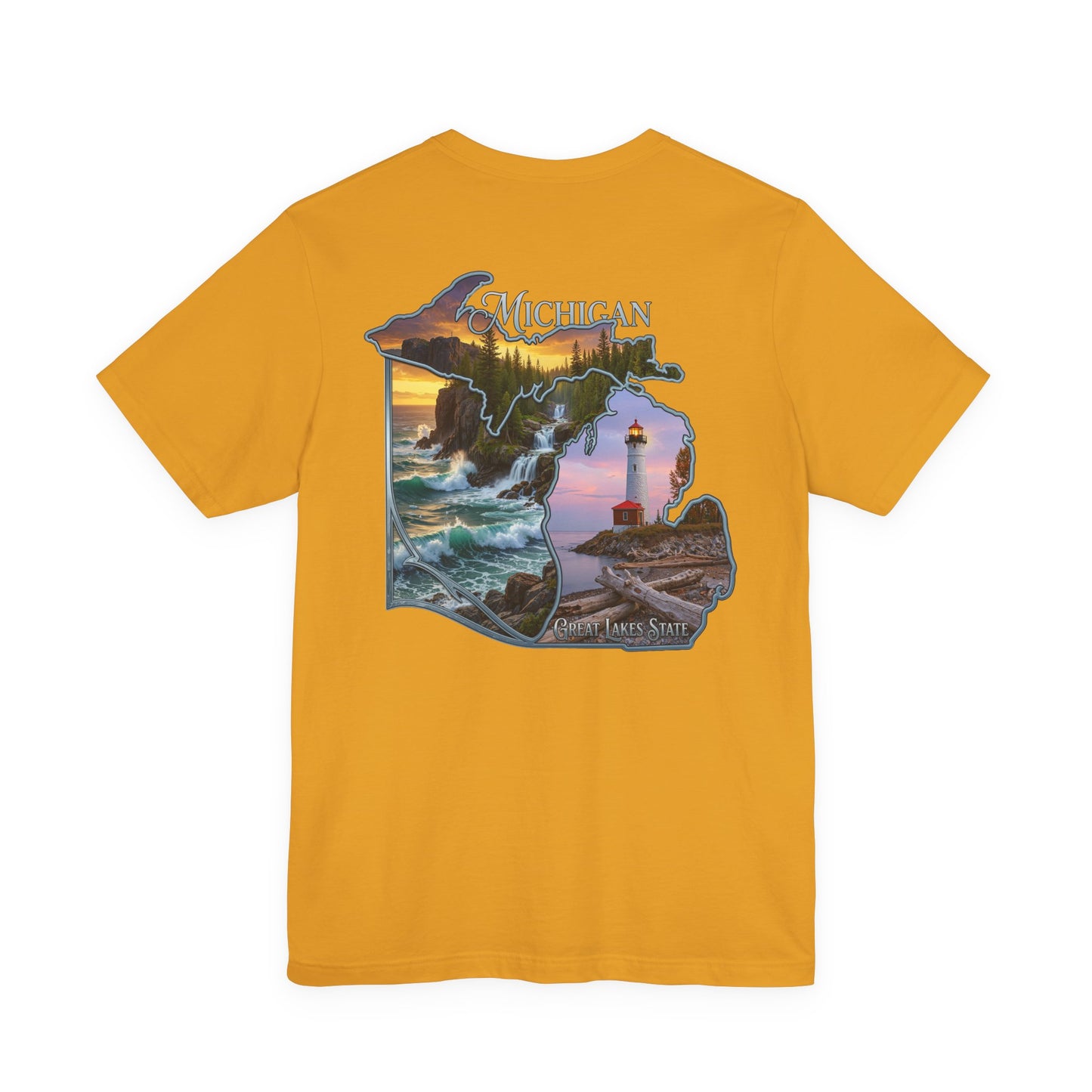 Michigan Scenic Map T-Shirt — Great Lakes Lighthouse Sunset Tee
