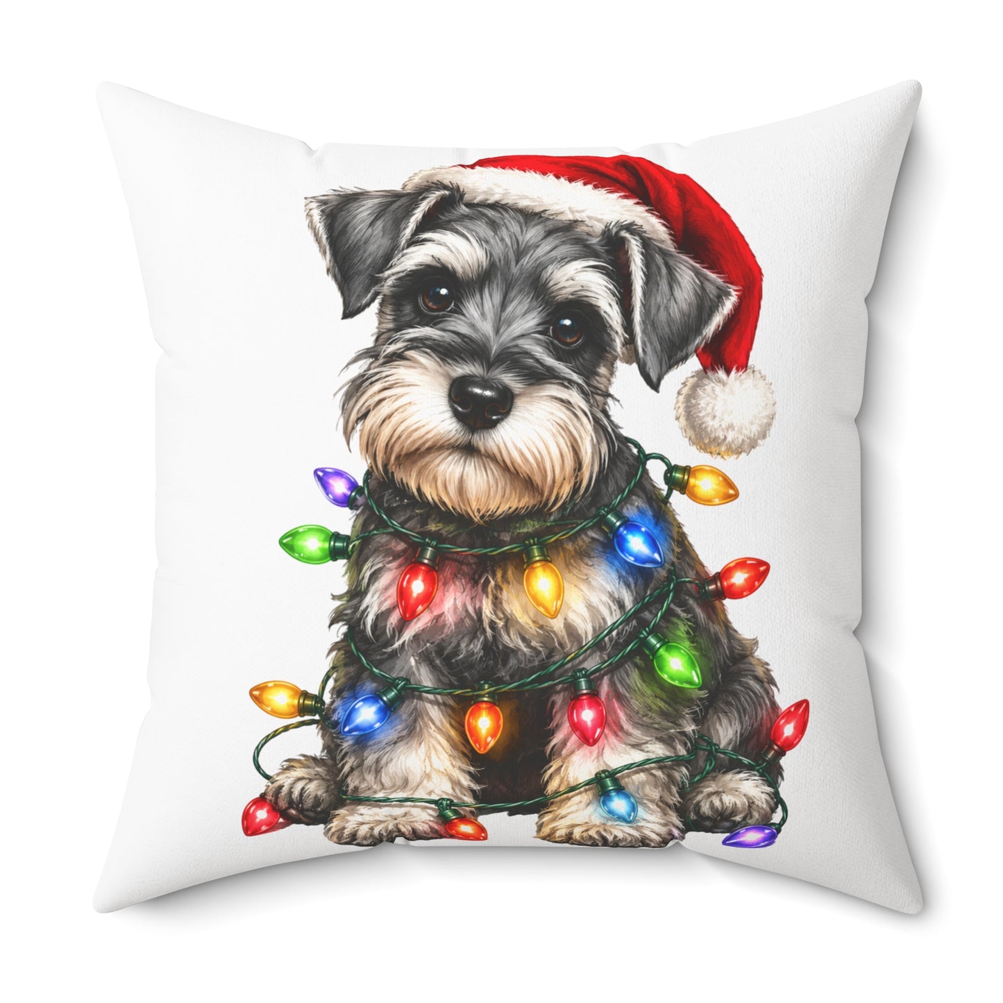 Schnauzer Puppy Christmas Pillow — Festive Dog with Santa Hat & Holiday Lights