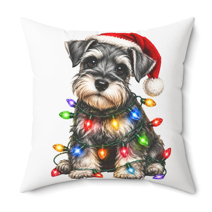 Schnauzer Puppy Christmas Pillow — Festive Dog with Santa Hat & Holiday Lights
