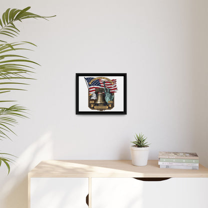 Liberty 250th Anniversary Framed Canvas Print — American Flag, Statue of Liberty & Liberty Bell Art
