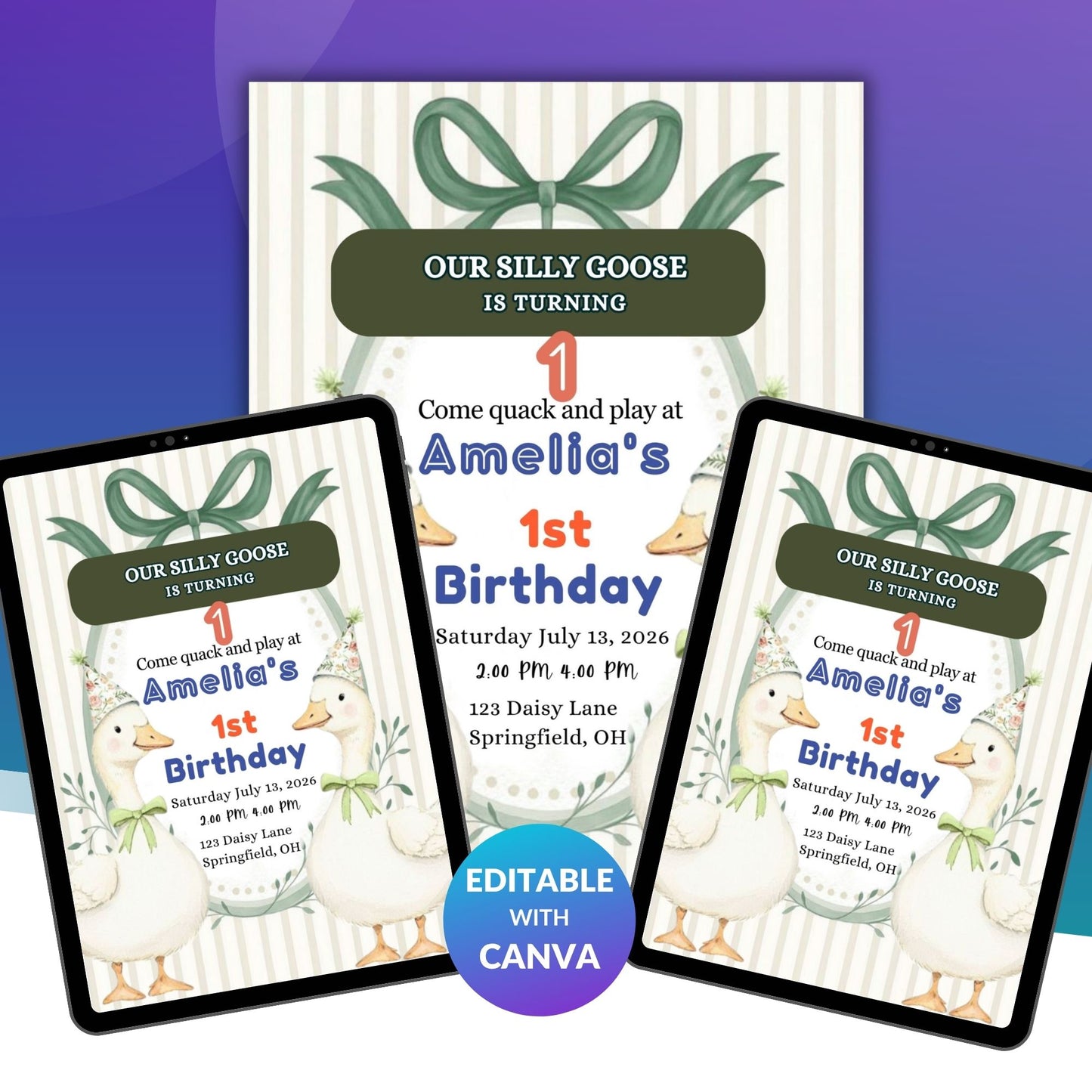 Gingham Silly Goose Birthday Invitation Template | Editable Goose Theme Digital Party Invite