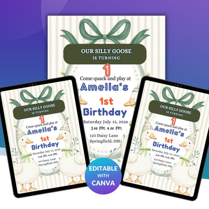 Gingham Silly Goose Birthday Invitation Template | Editable Goose Theme Digital Party Invite