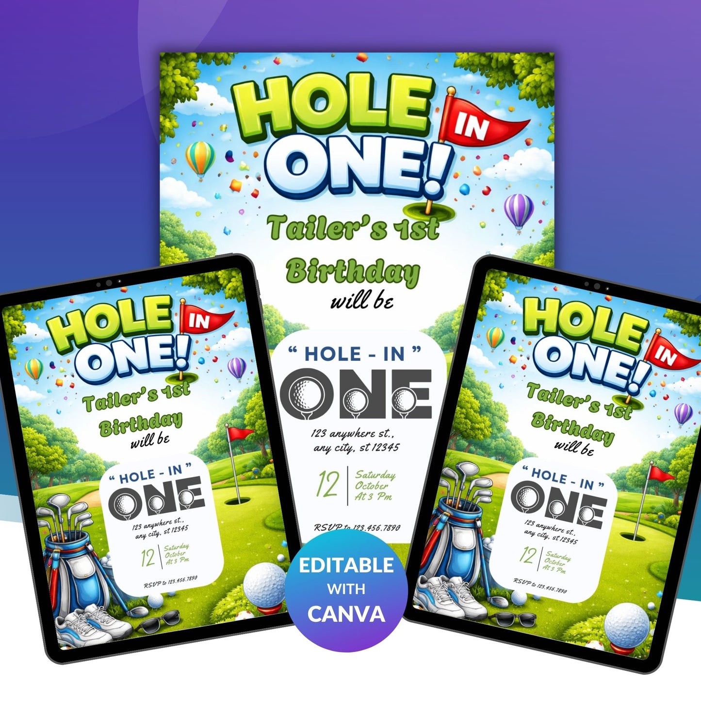 Editable Golf Hole In One Birthday Invitation Template | Golf Theme 1st Birthday Digital Invite