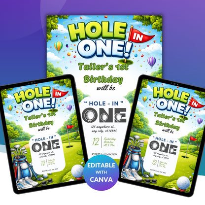 Editable Golf Hole In One Birthday Invitation Template | Golf Theme 1st Birthday Digital Invite