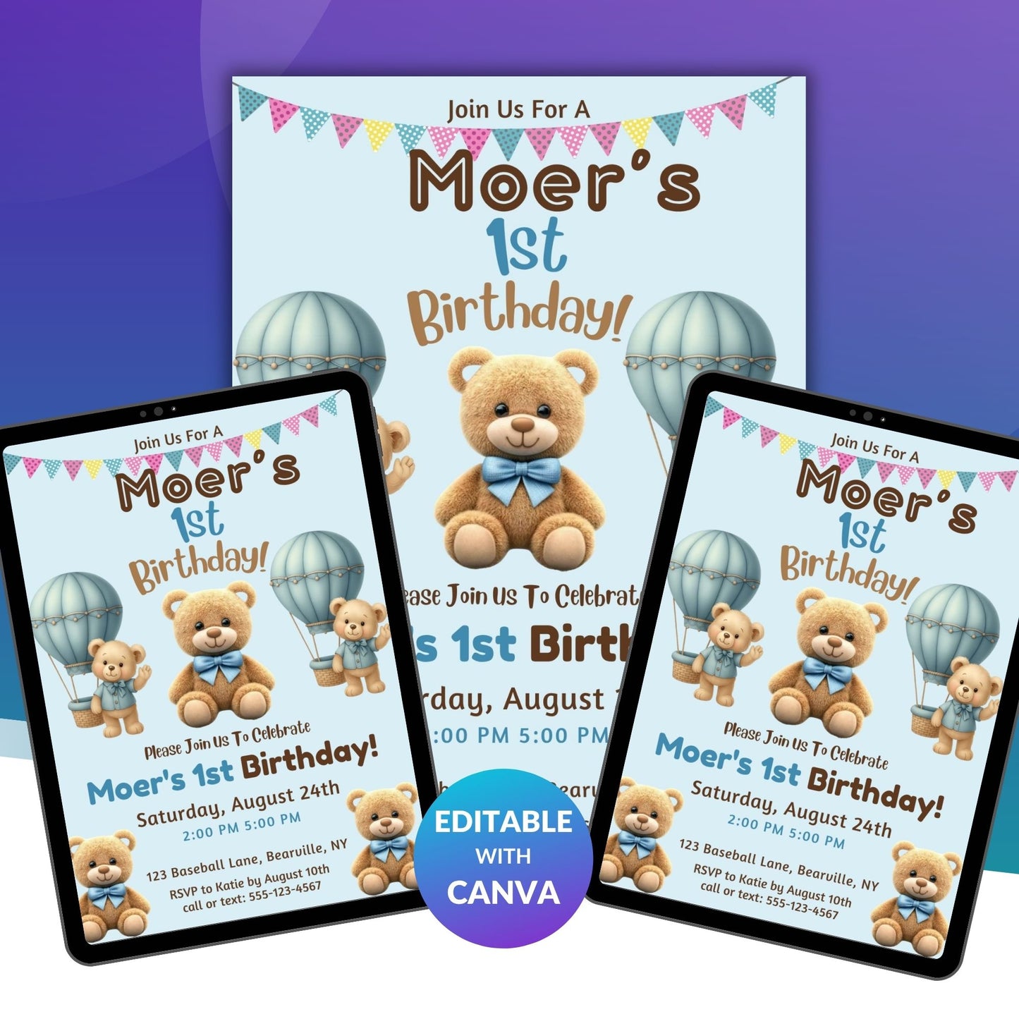 Editable Beary First Birthday Invitation Template | Teddy Bear 1st Birthday Digital Invite
