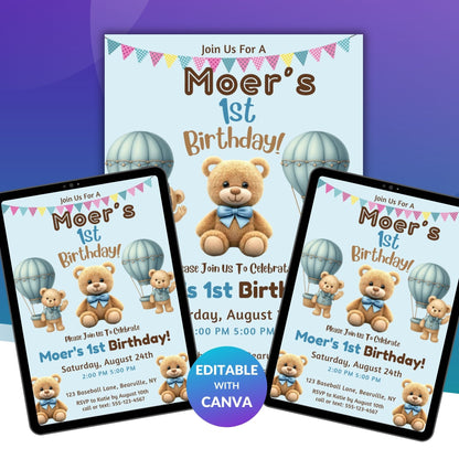 Editable Beary First Birthday Invitation Template | Teddy Bear 1st Birthday Digital Invite