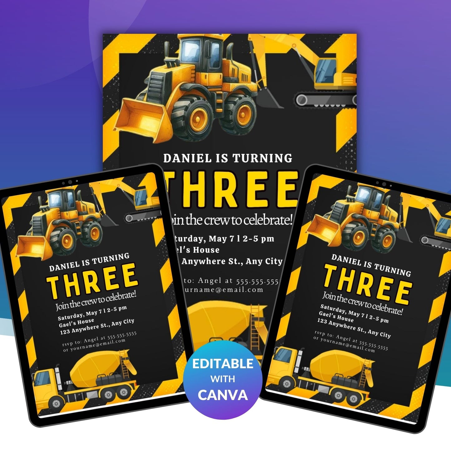 Construction Birthday Invitation Template | Editable Builder Theme Party Invite