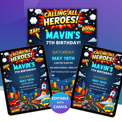 Superheroes Birthday Invitation Template | Editable Kids Hero Party Digital Invite
