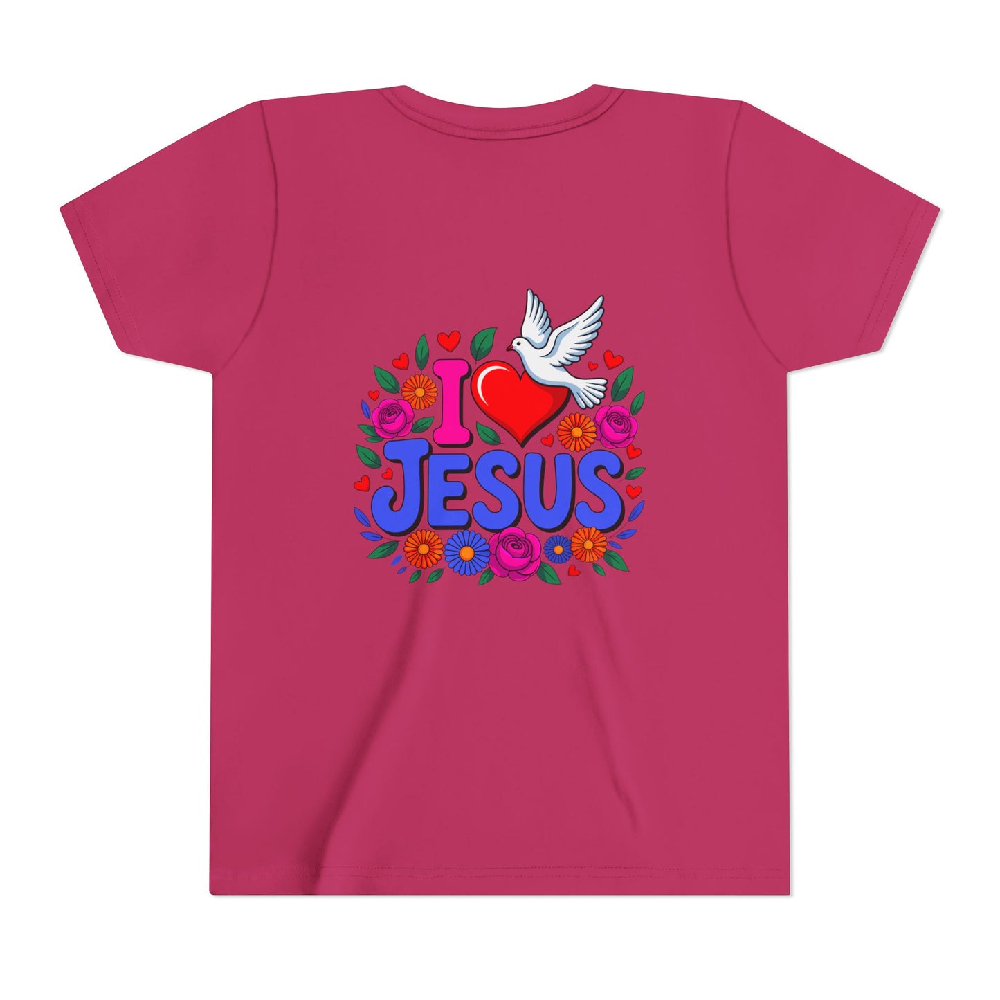 Youth Tee — "I  Jesus" Colorful Dove & Floral Christian Shirt