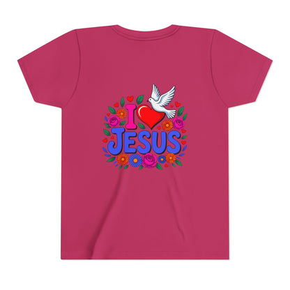 Youth Tee — "I  Jesus" Colorful Dove & Floral Christian Shirt