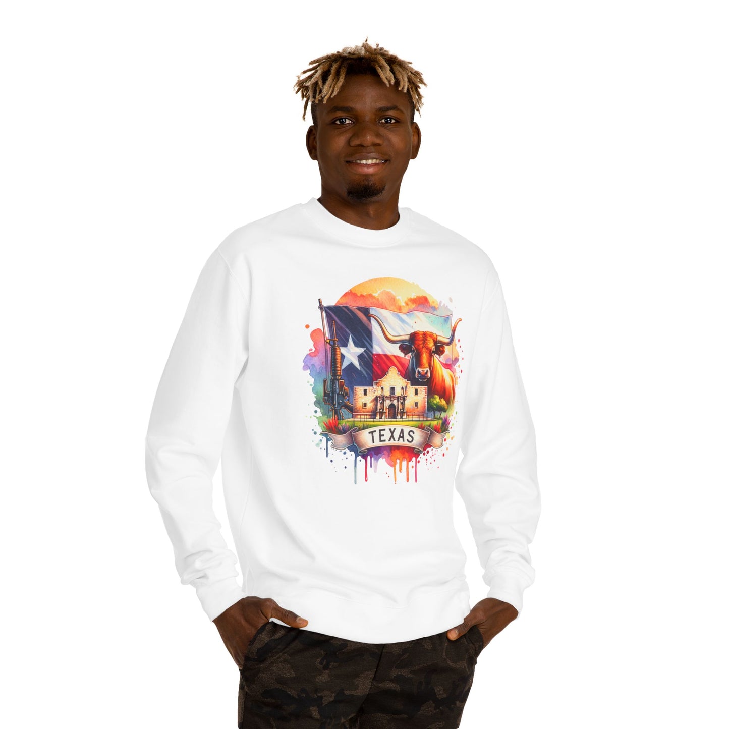 Texas Watercolor Flag Sweatshirt — Longhorn & Alamo Graphic