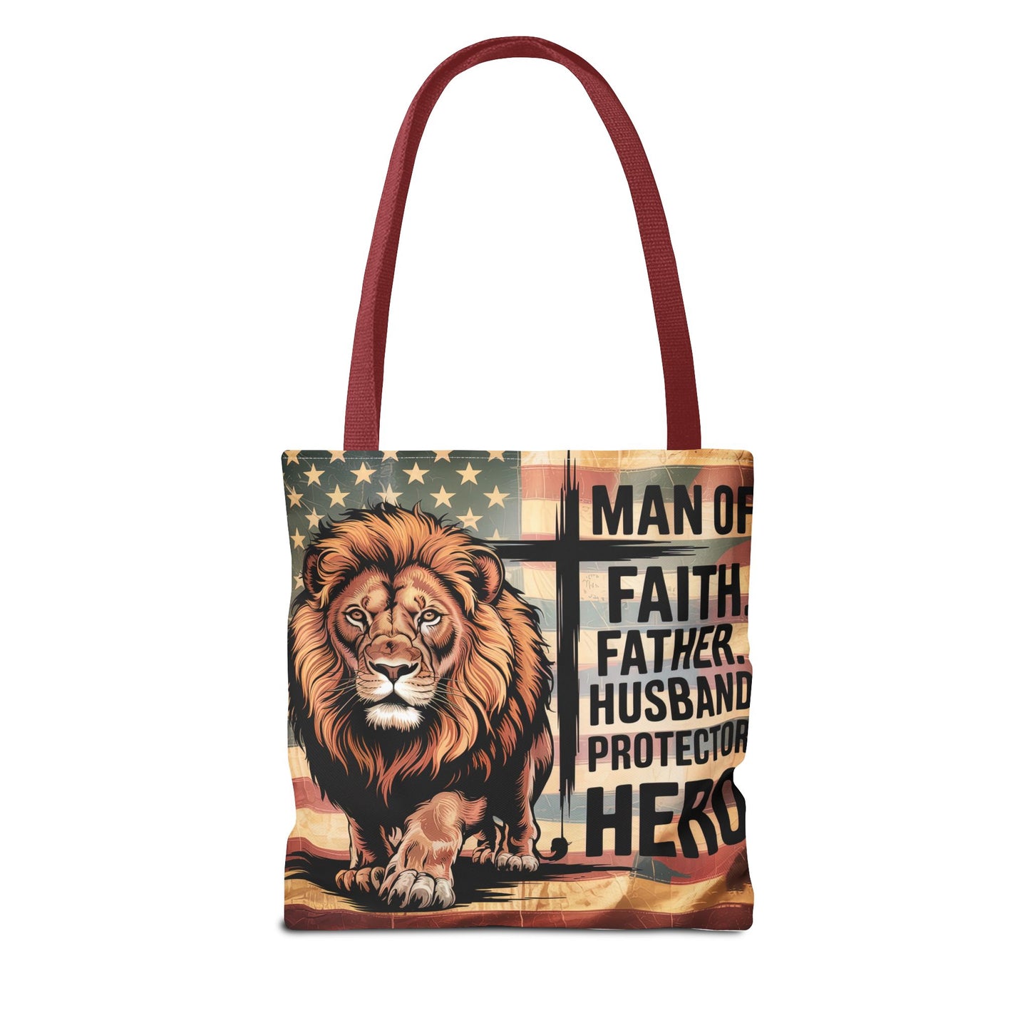 Tote — "Man of Faith, Father, Husband, Protector, Hero" Patriotic Lion Tote