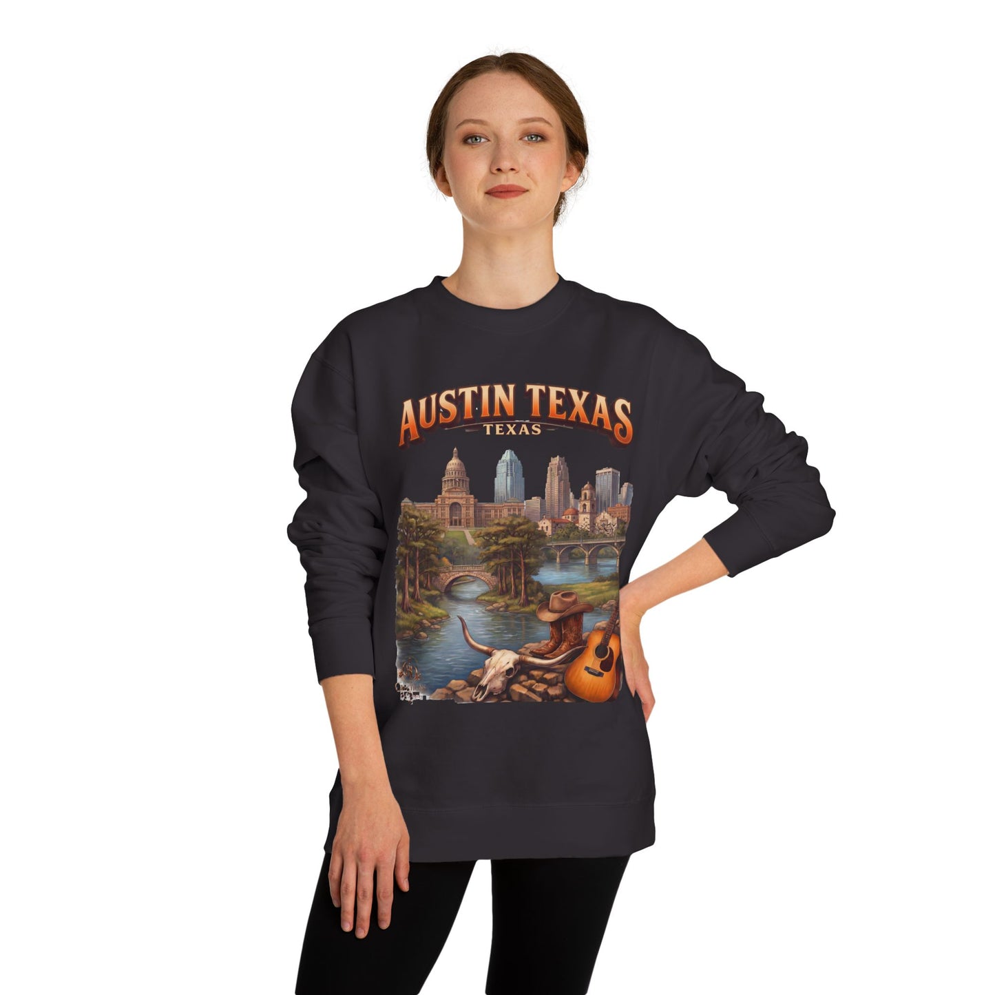 Austin Texas Sweatshirt — Vintage Cityscape & Guitar Crewneck