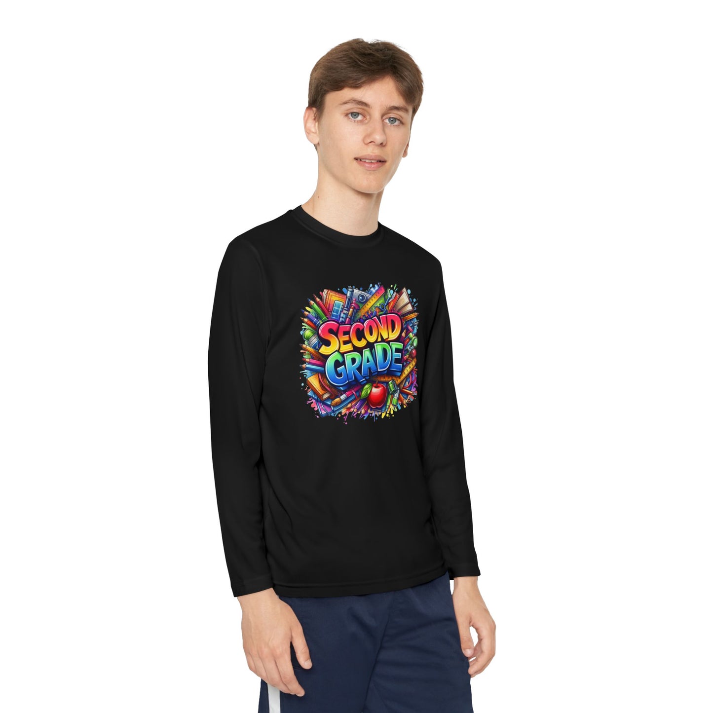 Second Grade Youth Long Sleeve Tee — Colorful School Supplies Back-to-School Shirt