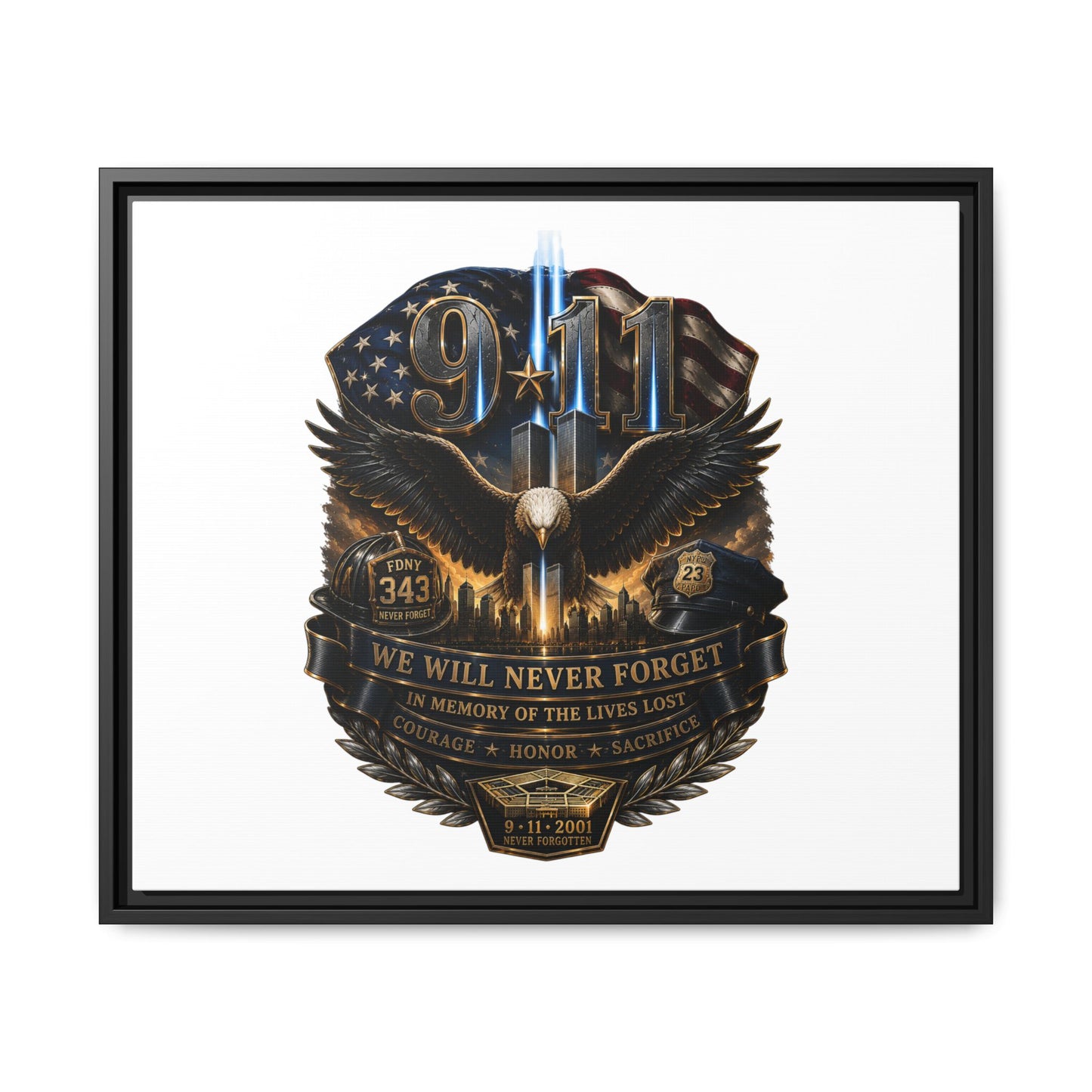9/11 We Will Never Forget Matte Framed Canvas - Memorial Tribute Wall Art