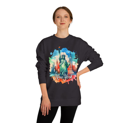 New York Skyline Sweatshirt — Colorful Statue of Liberty Cityscape Crewneck