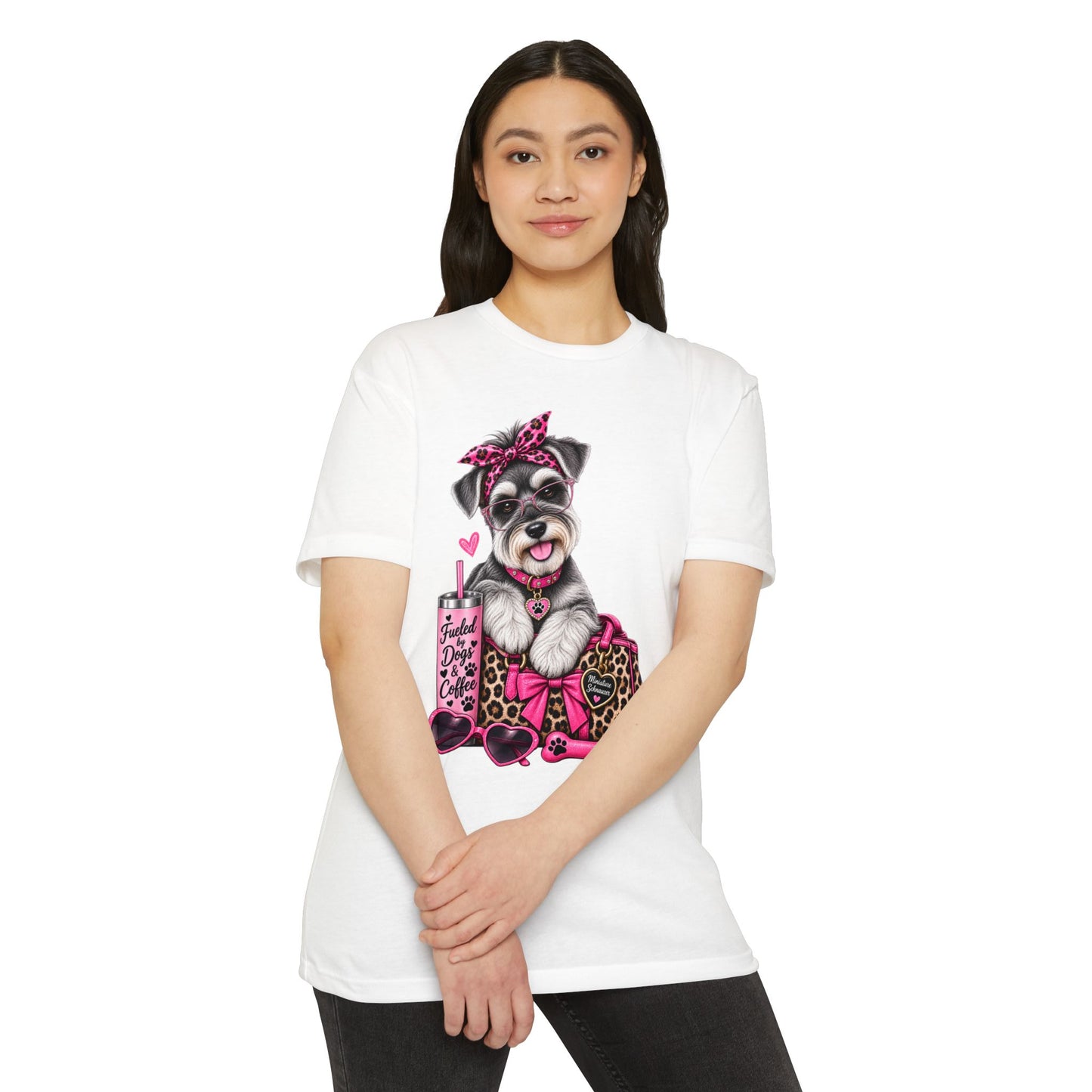 Schnauzer Fashion Tee — Cute Dog with Leopard Bag & 'Faith, Dog, Coffee' Design