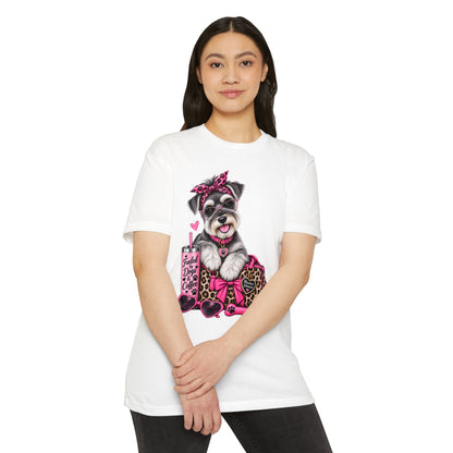 Schnauzer Fashion Tee — Cute Dog with Leopard Bag & 'Faith, Dog, Coffee' Design