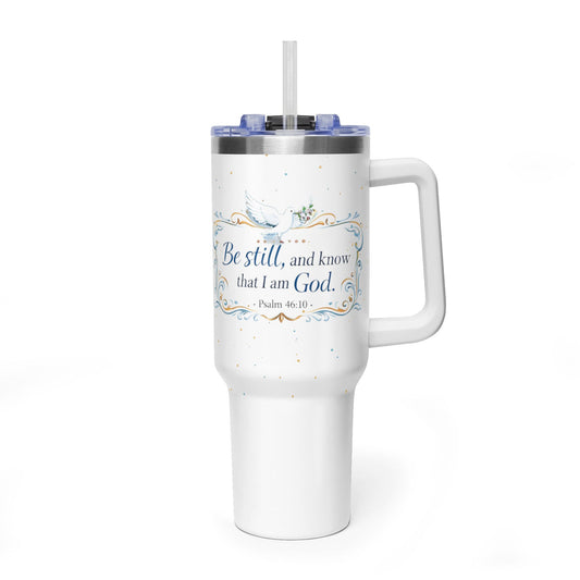 40oz Insulated Tumbler – "Be still, and know that I am God" Floral Scripture Design