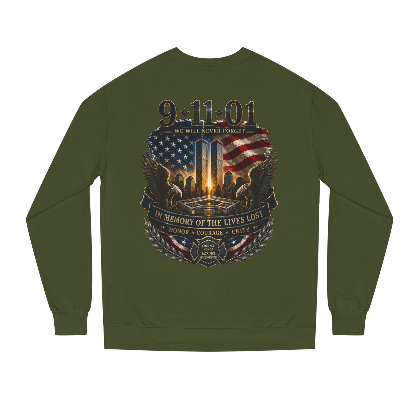 9/11 Memorial Sweatshirt – 'We Will Never Forget' Twin Towers Tribute Crewneck