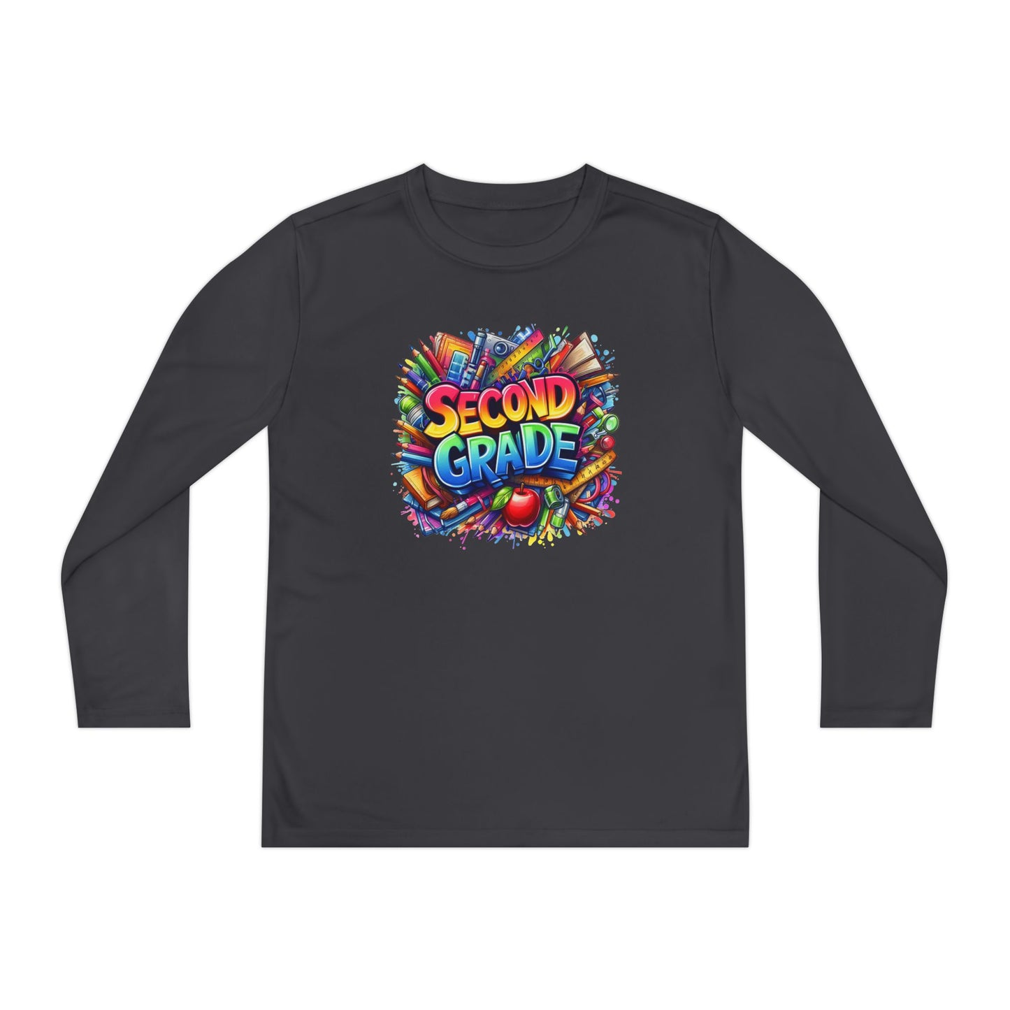 Second Grade Youth Long Sleeve Tee — Colorful School Supplies Back-to-School Shirt