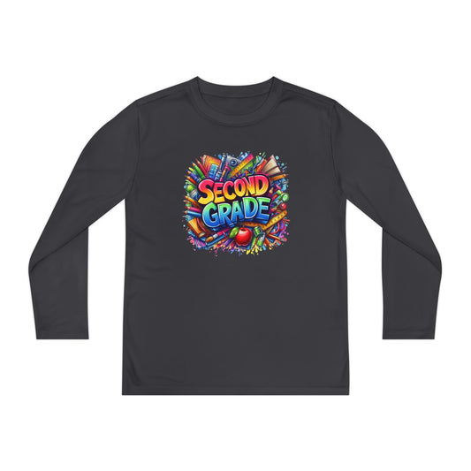 Second Grade Youth Long Sleeve Tee — Colorful School Supplies Back-to-School Shirt