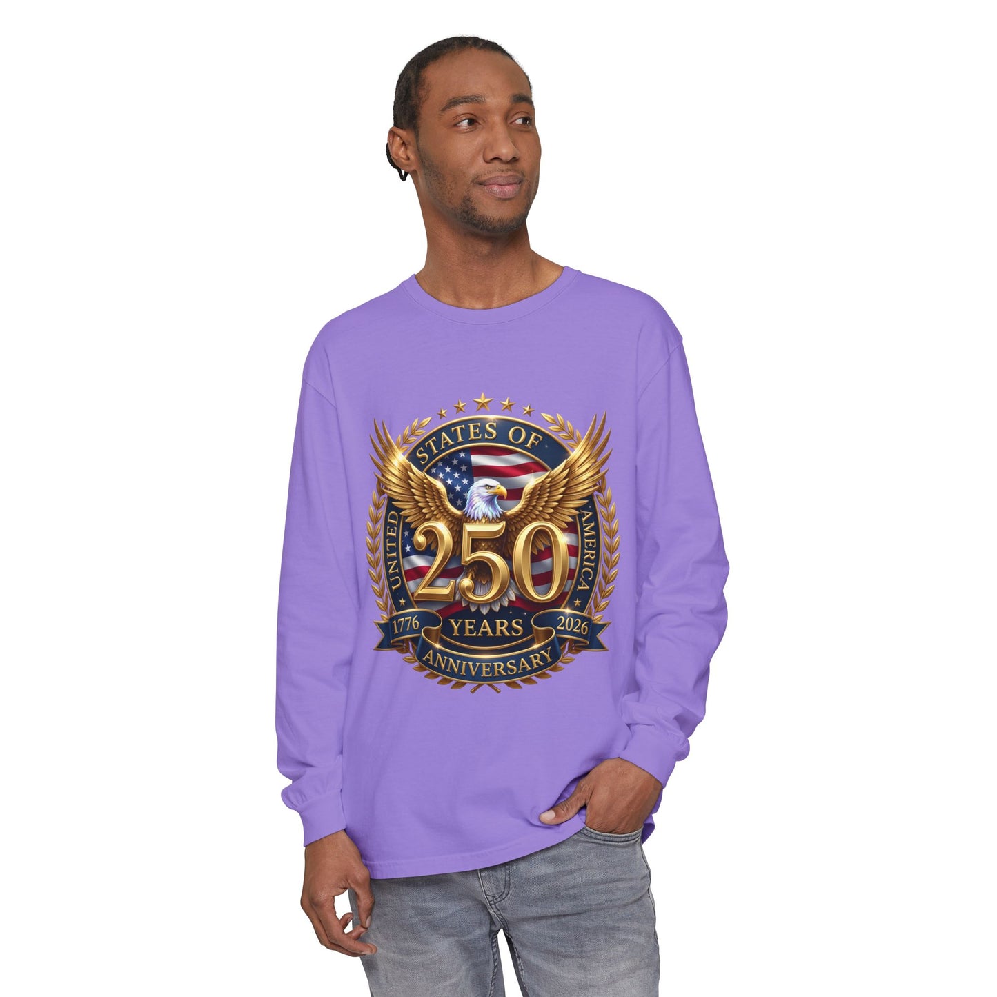 250 Years Anniversary Long Sleeve T-Shirt — USA Bicentennial 1776–2026 Eagle Emblem