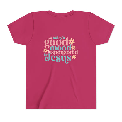 Youth Tee – "Today's Good Mood is Sponsored by Jesus" Retro Floral Christian Shirt