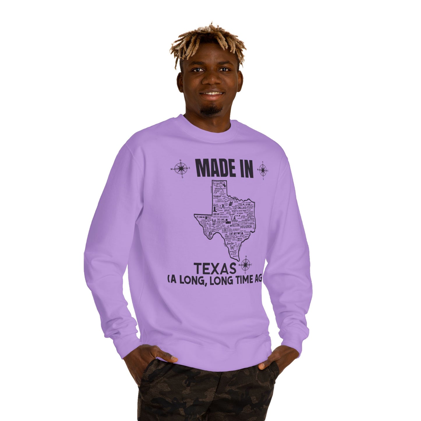 Made in Texas Crewneck Sweatshirt — "Made in Texas (A Long, Long Time Ago)" Vintage State Map