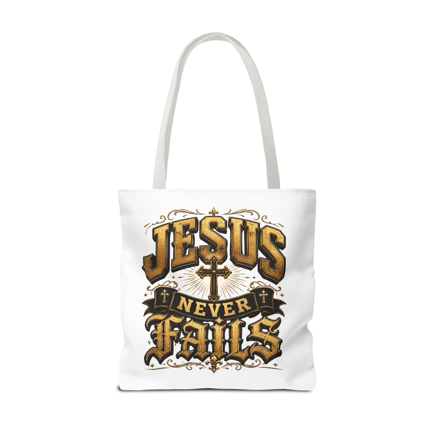 Jesus Never Fails Tote Bag — Christian Faith AOP Canvas Tote