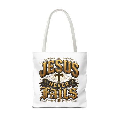 Jesus Never Fails Tote Bag — Christian Faith AOP Canvas Tote