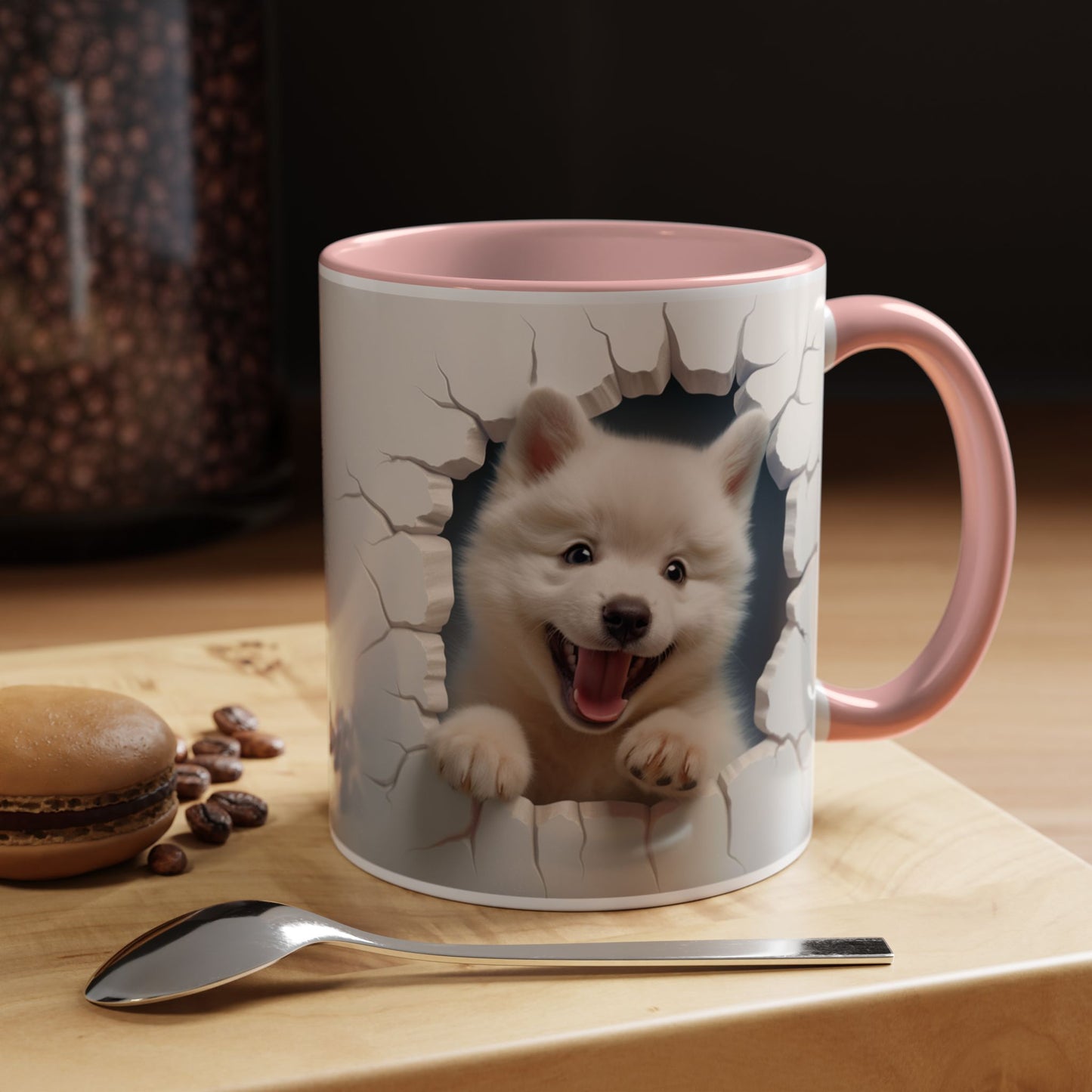 Cute Puppy Breaking Wall Accent Coffee Mug – Funny Smiling Dog Gift (11/15oz)