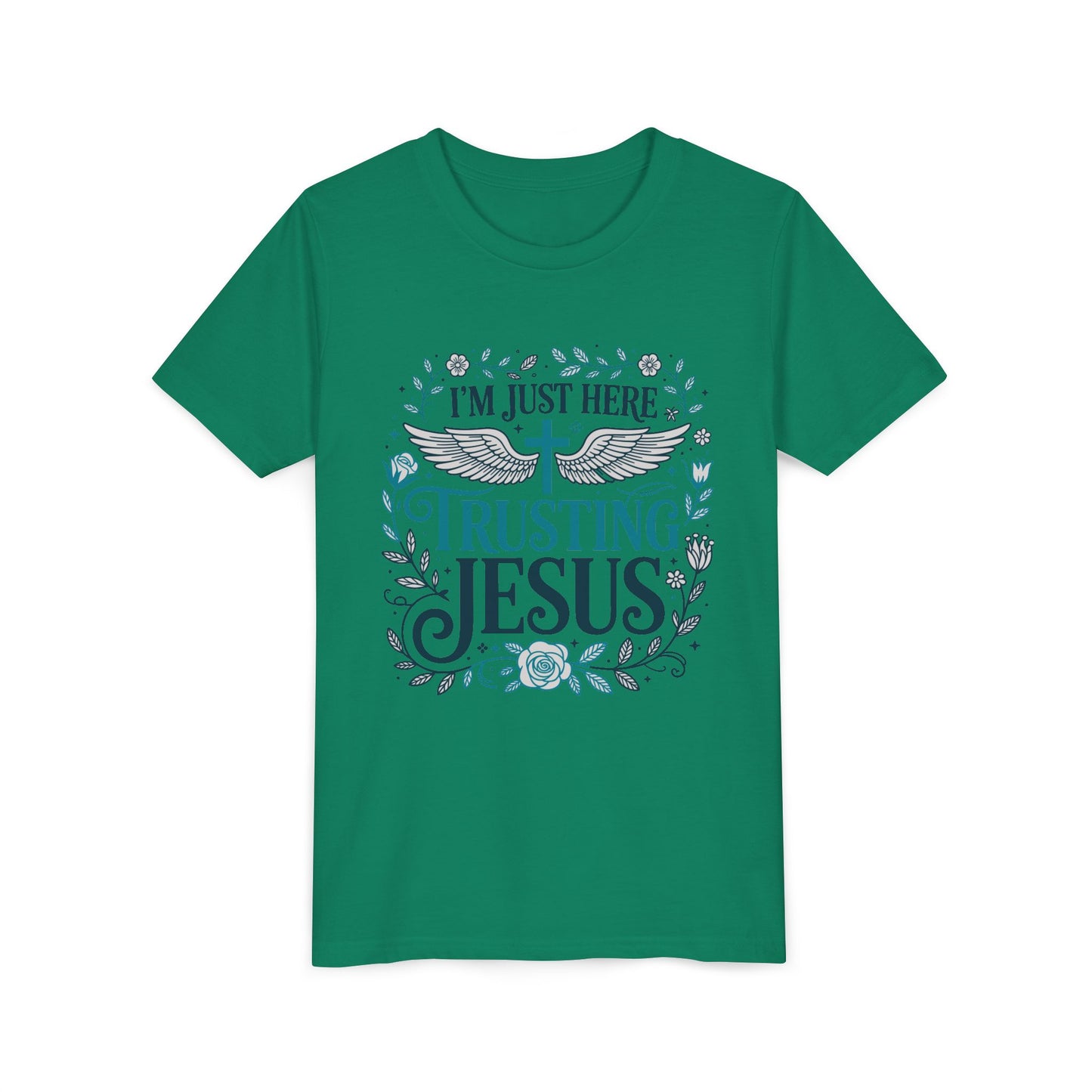 Trusting Jesus Youth Tee — "I'm Just Here Trusting Jesus" Christian Kids T‑Shirt