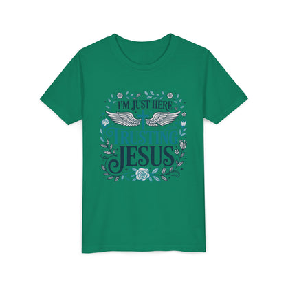 Trusting Jesus Youth Tee — "I'm Just Here Trusting Jesus" Christian Kids T‑Shirt