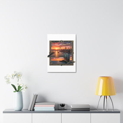 New York Sunset Stretched Canvas – Empire State Skyline with Statue of Liberty