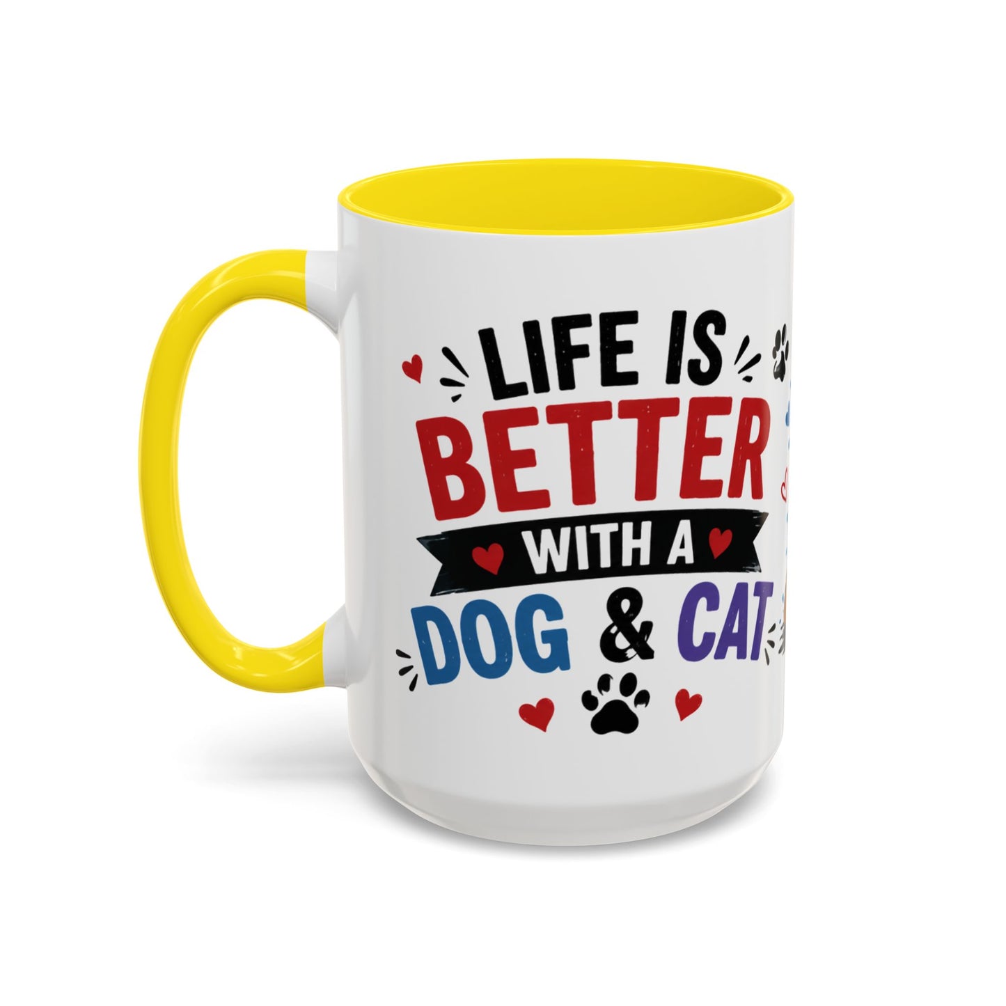 Dog and Cat Coffee Mug – "Life is Better with a Cat" Accent Ceramic Mug