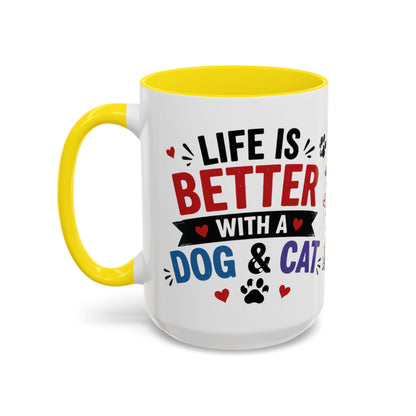 Dog and Cat Coffee Mug – "Life is Better with a Cat" Accent Ceramic Mug