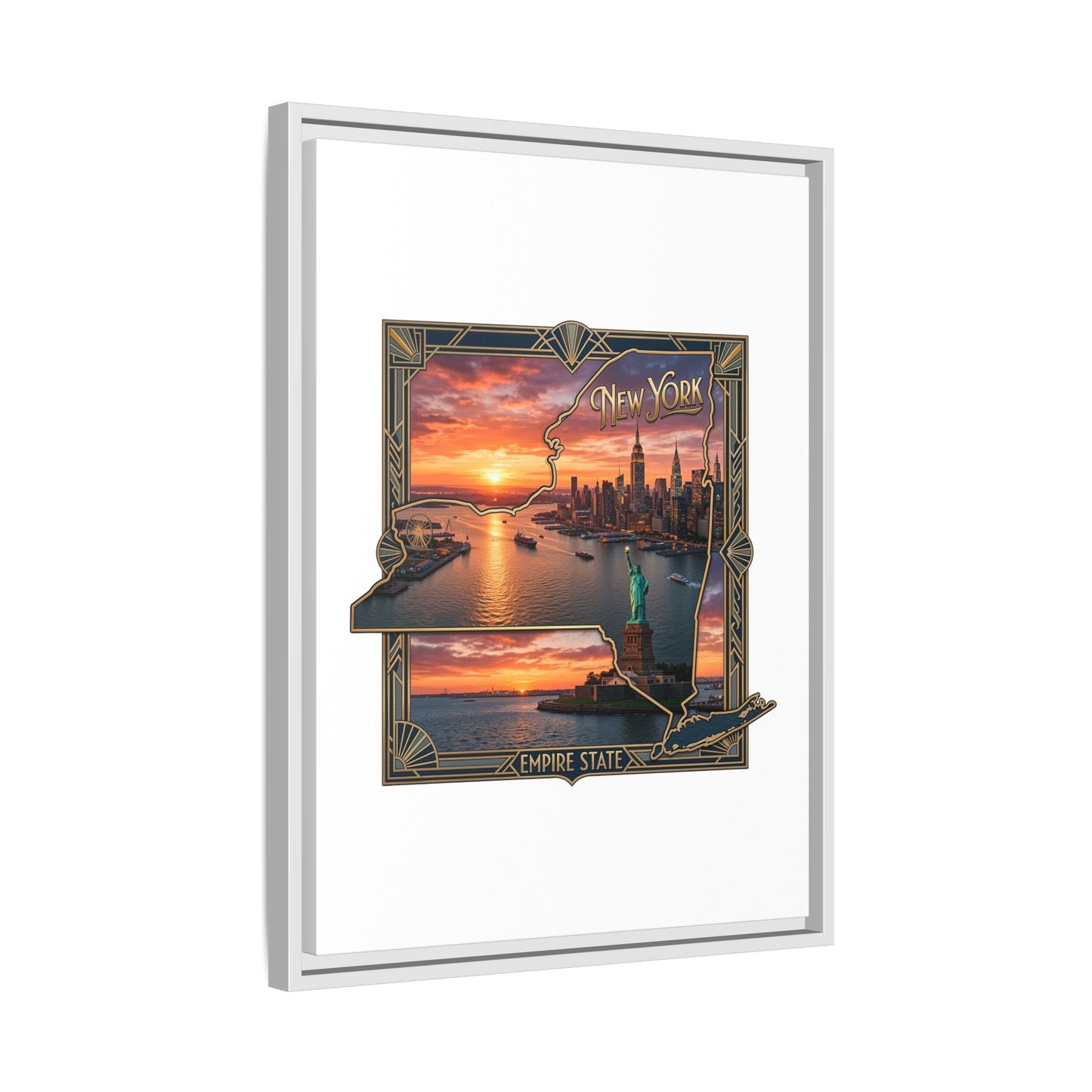 Framed Matte Canvas Wall Art — New York City Sunset Skyline with Statue of Liberty