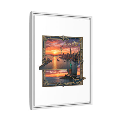 Framed Matte Canvas Wall Art — New York City Sunset Skyline with Statue of Liberty