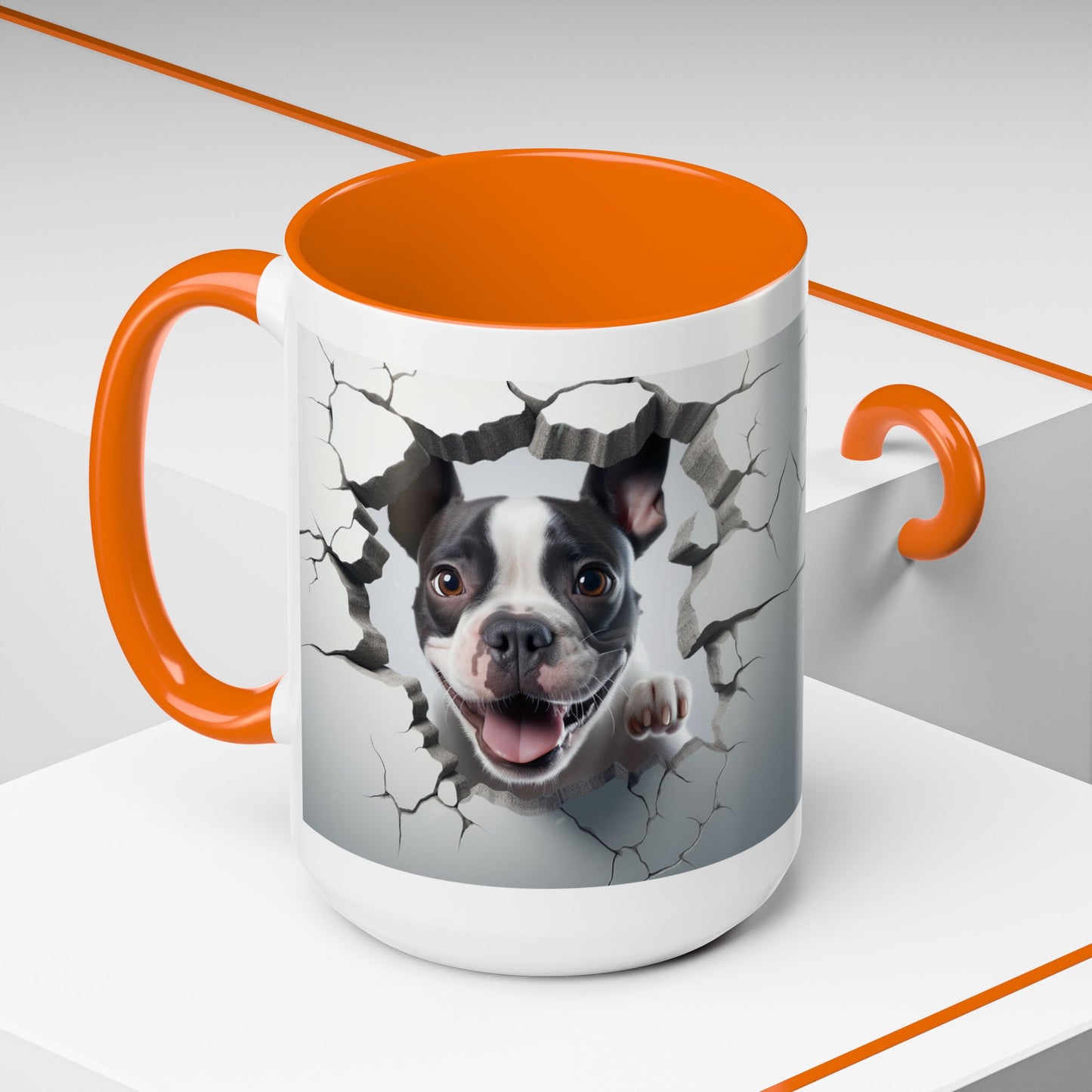 Coffee Mug — Happy Boston Terrier Breaking Through Design (Accent 11/15oz)